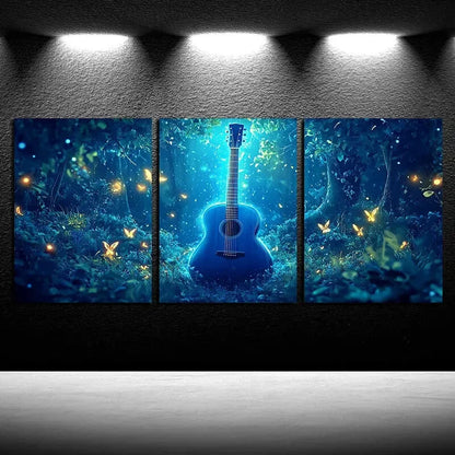 3pcs Guitar in the Forest with Fireflies Design Metal Print Ready to Hang Art - Bella Home Decor