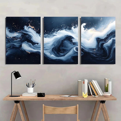 3pcs Swirling Liquid Shapes Blue & White  Wall Art Set Canvas Framed 60x90cm - High Quality Print 100% Australian Made Wall Canvas Ready to Hang