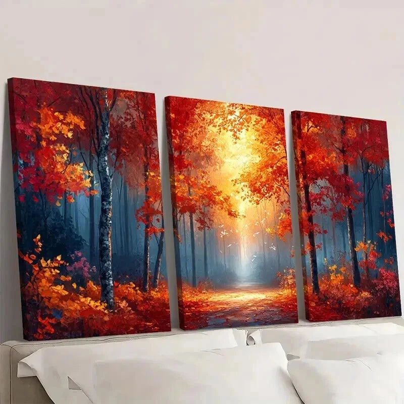 3pcs Warm Autumn Forest Orange & Red Trees Wall Art Set Canvas Framed 60x90cm - High Quality Print 100% Australian Made Wall Canvas Ready to Hang - Bella Home Decor