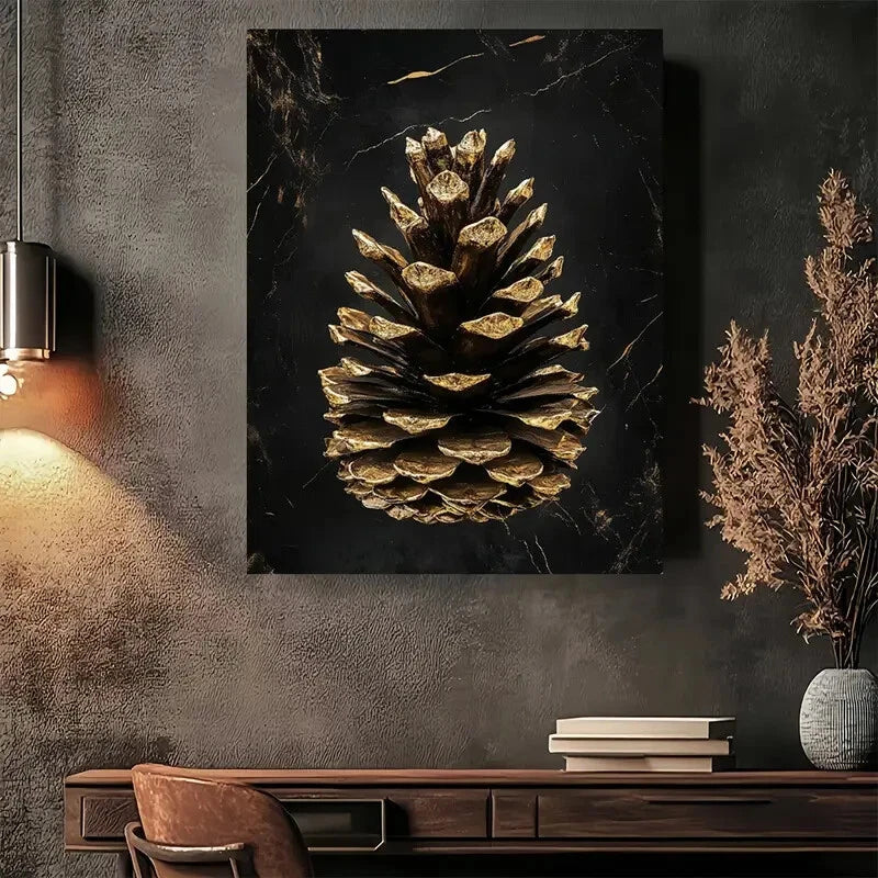 Beautiful Golden Pinecone Modern Painting 40x60cm Metal Print Ready to Hang - Bella Home Decor