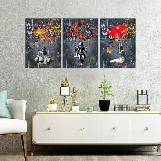 3pcs Heart and Butterfly Poster Metal Print Ready to Hang Art