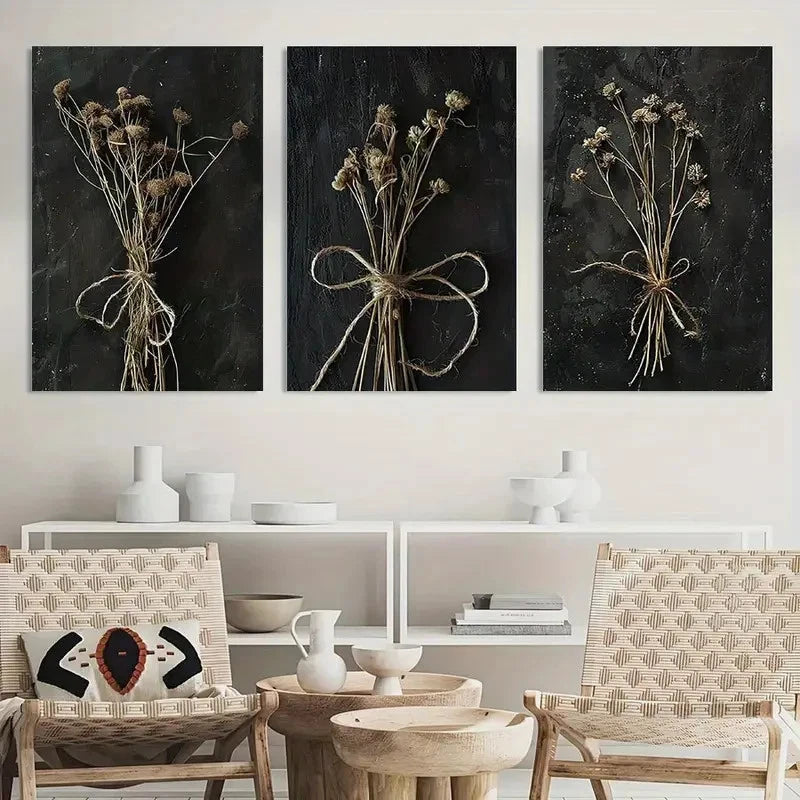 3pcs Painting Moody Vintage Black Floral Metal Print Ready to Hang Art - Bella Home Decor