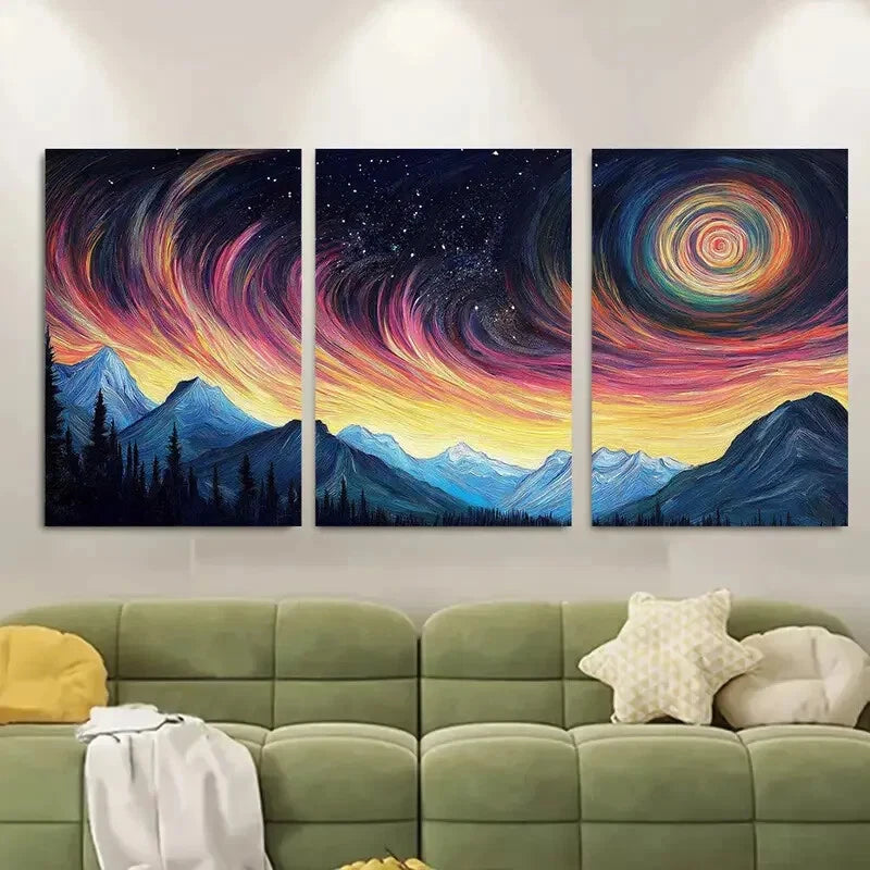 3pcs Starry Sky Over Rugged Mountains Metal Print Ready to Hang Art - Bella Home Decor