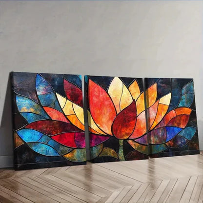 3pcs Vibrant Stained Glass Lotus Flower Painting Wall Art Set Canvas Unframed - High Quality Print 100% Australian Made Wall Canvas