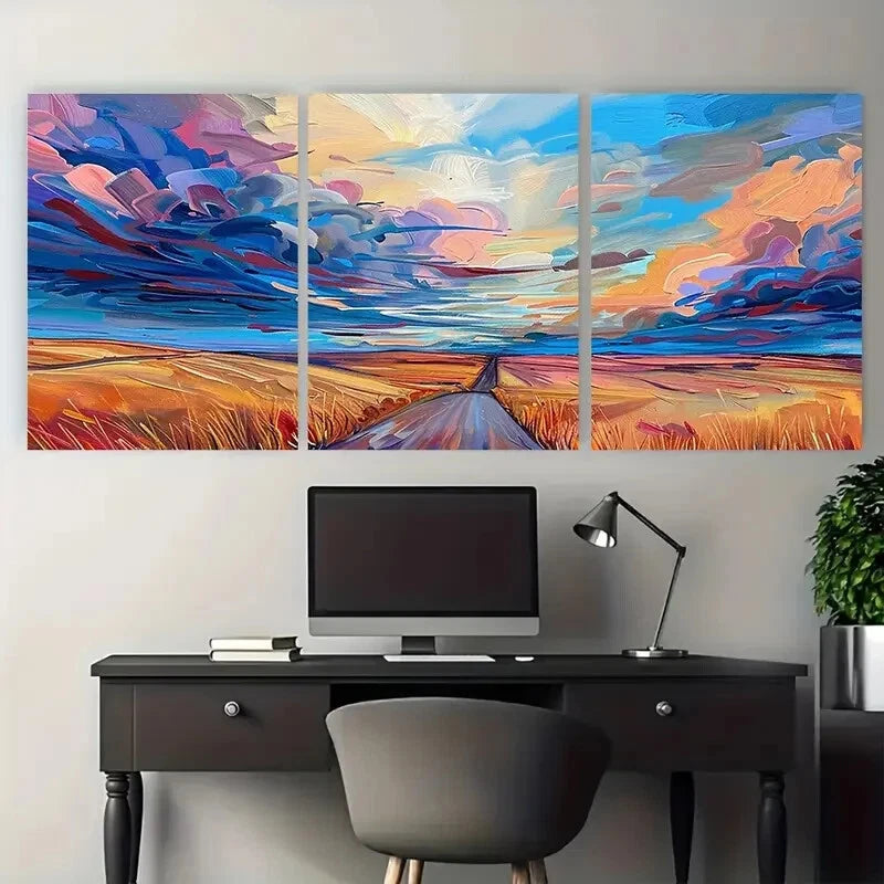 3pcs Dramatic Sky over a Road in Wheat Field Metal Print Ready to Hang Art - Bella Home Decor