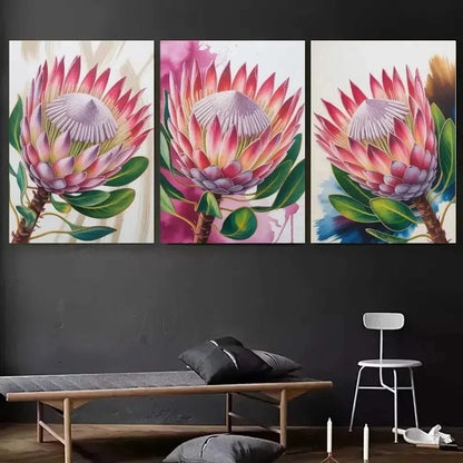 3pcs Protea Flower, Green Leaves Wall Art Set Canvas Framed 60x90cm - High Quality Print 100% Australian Made Wall Canvas Ready to Hang