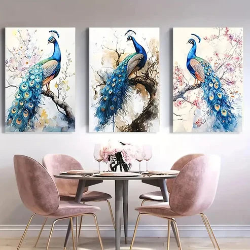 3pcs Blue and Golden Peacock Wall Art Set Canvas Unframed - High Quality Print 100% Australian Made Wall Canvas - Bella Home Decor