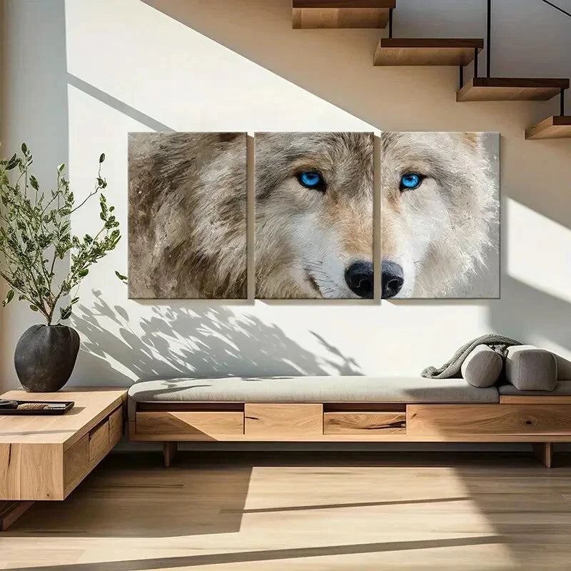 3pcs Artistic Wolf Portrait Blue Eyes Metal Print Ready to Hang Art - Bella Home Decor