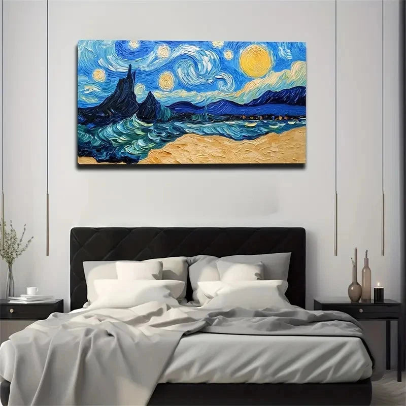 Van Gogh's Starry Sky And Earth Wall Art Canvas Office Home Room Framed 120x60cm
