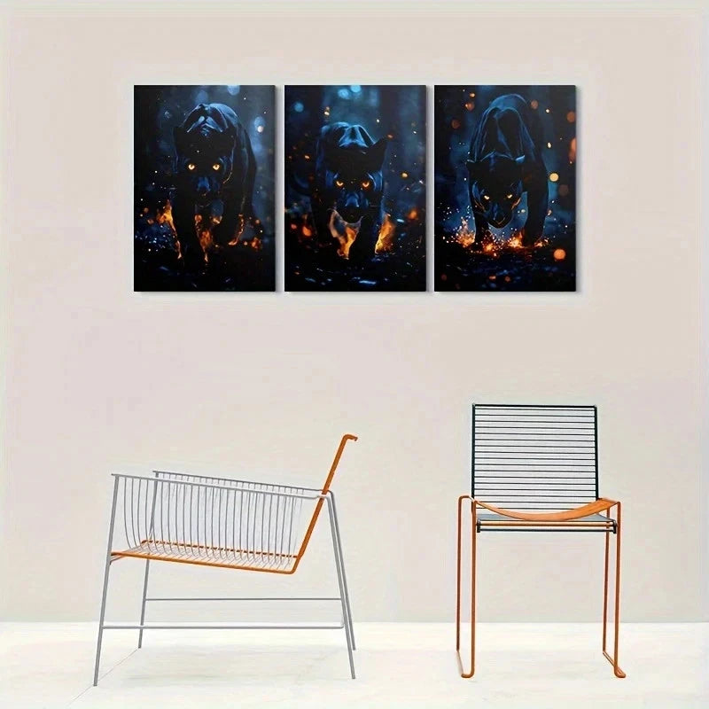 3pcs Black Panther Fiery Blue Eyes and Glowing Metal Print Ready to Hang Art - Bella Home Decor