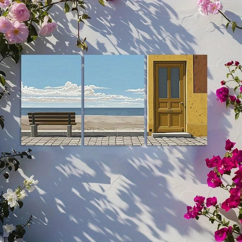 3pcs Anime Style Beach and Doorway Illustration Metal Print Ready to Hang Art - Bella Home Decor