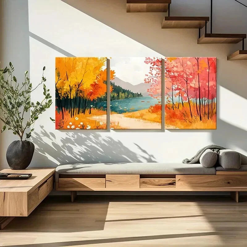 3pcs Autumn Lake Scenery Colorful Trees Landscape Metal Print Ready to Hang Art - Bella Home Decor