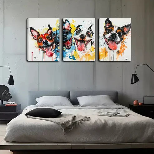 3pcs Four Cute Dog Heads Wall Art Set Canvas Unframed - High Quality Print 100% Australian Made Wall Canvas - Bella Home Decor