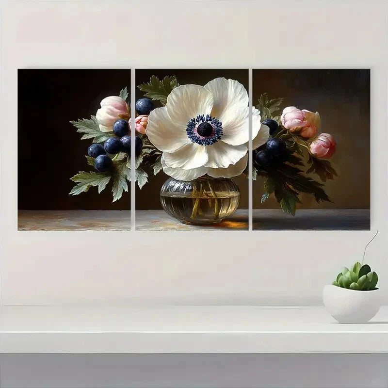 3pcs Sweet Anemone & Blueberries Still Life Art Metal Print Ready to Hang Art - Bella Home Decor