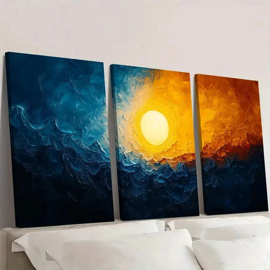 3pcs Abstract Sunburst Sunrise Design A Wall Art Set Canvas Framed 60x90cm - High Quality Print 100% Australian Made Wall Canvas Ready to Hang