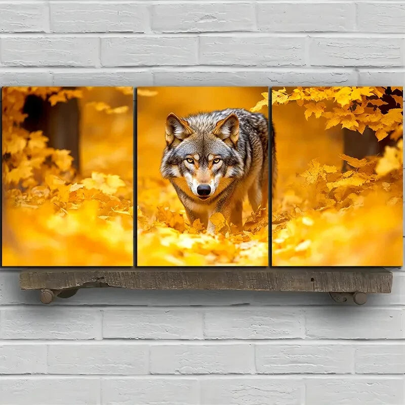 3pcs Majestic Wolf Trio Yellow Forest Metal Print Ready to Hang Art - Bella Home Decor