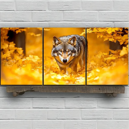 3pcs Majestic Wolf Trio Yellow Forest Metal Print Ready to Hang Art - Bella Home Decor