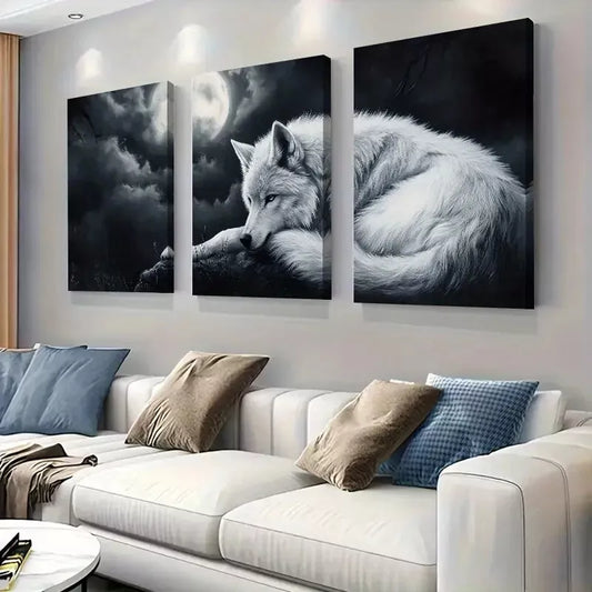 3pcs Moonlit Wolf Dreamscape Animals Wolves Art Set Canvas Framed 50x70cm - High Quality Print 100% Australian Made Wall Canvas Ready to Hang