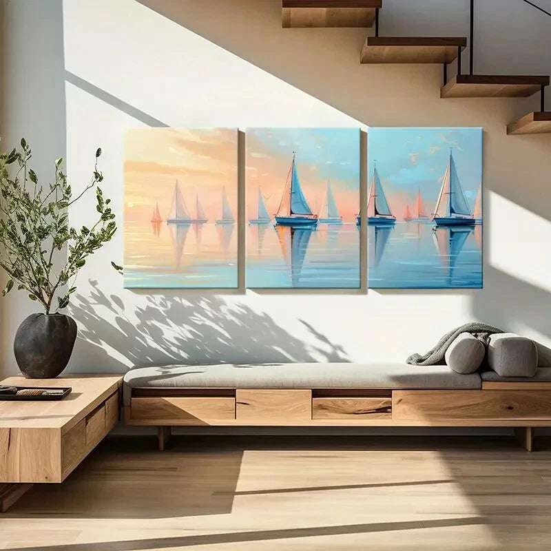 3pcs Sailing Boats Serene Ocean Pastel Sky Metal Print Ready to Hang Art - Bella Home Decor