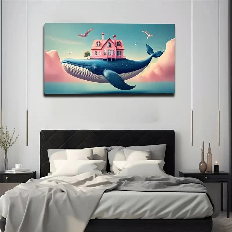 Pink House And A Big Blue Whale Wall Art Canvas Office Home Room Framed 120x60cm