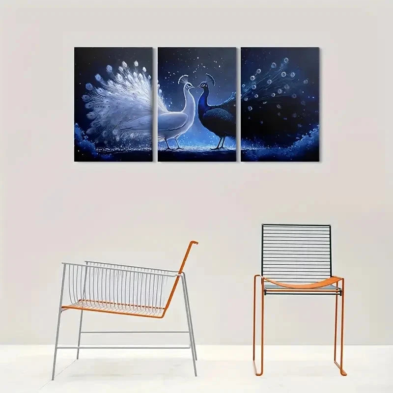 3pcs Abstract Painting Blue PeaRooster Metal Print Ready to Hang Art - Bella Home Decor