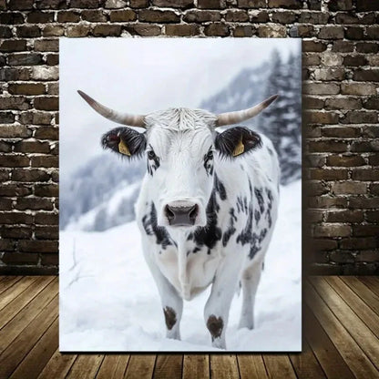Contemporary Black and White Cow on Snow Painting 40x60cm Metal Print Ready to Hang - Bella Home Decor