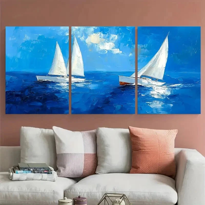 3pcs White Sailing Boats on Vibrant Blue Water Metal Print Ready to Hang Art - Bella Home Decor
