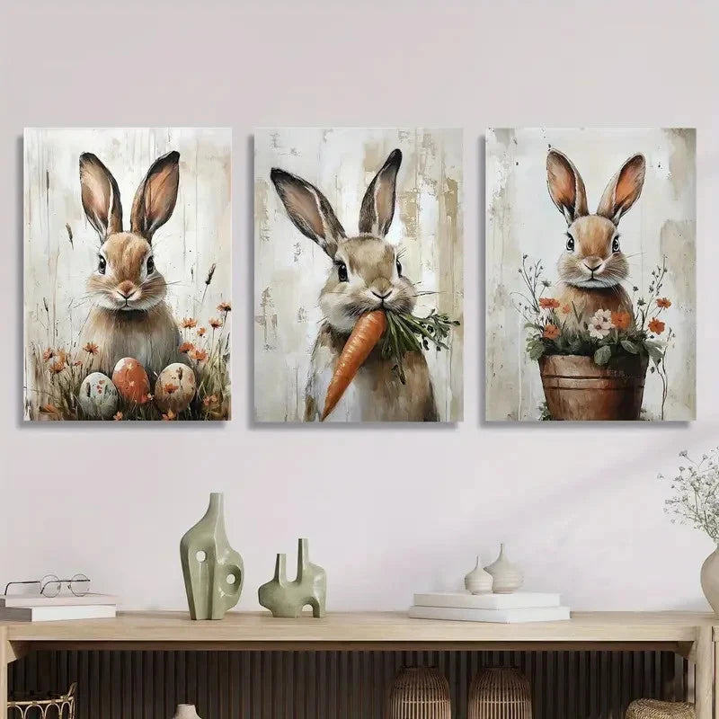 3pcs Vibrant Spring Floral Featuring Rabbits Metal Print Ready to Hang Art - Bella Home Decor