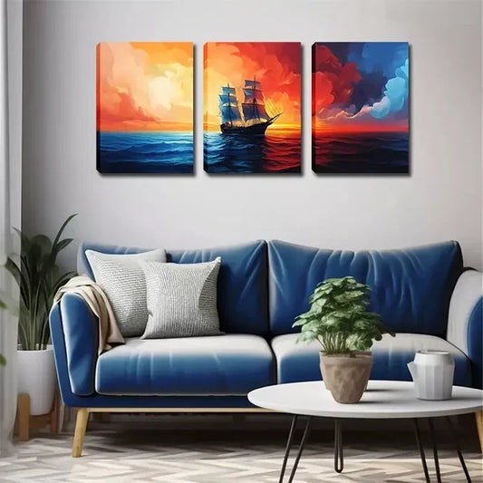 3pcs A Sailboat Sailing On The Sea, Wall Art Set Canvas Framed 60x90cm - High Quality Print 100% Australian Made Wall Canvas Ready to Hang