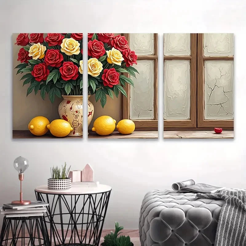 3pcs Red And Yellow Roses With Lemons Wall Art Set Canvas Framed 40x60cm - High Quality Print 100% Australian Made Wall Canvas Ready to Hang