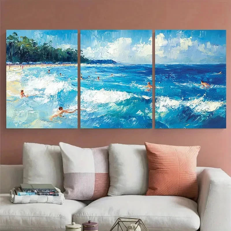 3pcs Joyful Coastal Summer Landscape Swimming Metal Print Ready to Hang Art - Bella Home Decor