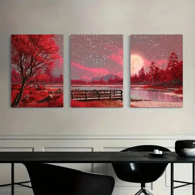 3pcs Cinematic Night Sky & Lake Painting Metal Print Ready to Hang Art - Bella Home Decor