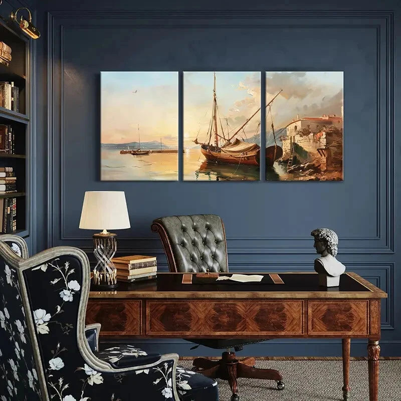 3pcs Maritime Scene Coastal Village Wooden Boat Metal Print Ready to Hang Art - Bella Home Decor