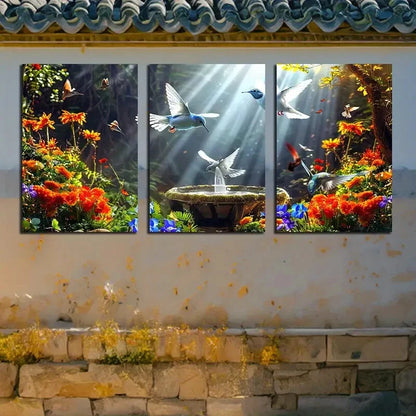 3pcs Vibrant Peaceful Dove and Floral Garden Metal Print Ready to Hang Art