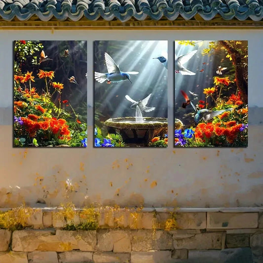 3pcs Vibrant Peaceful Dove and Floral Garden Metal Print Ready to Hang Art