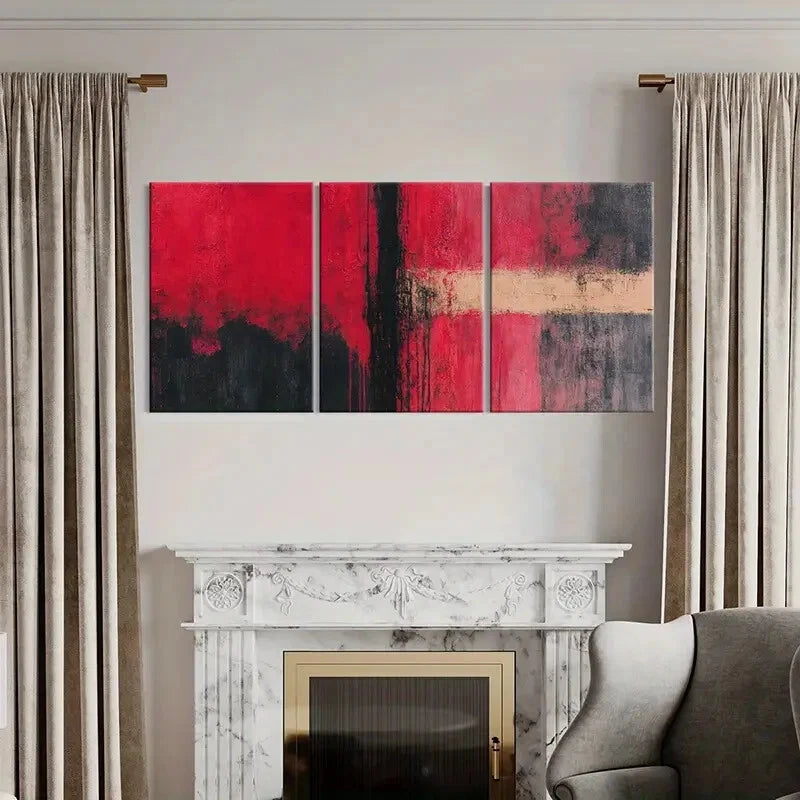 3pcs Abstract Art Red Black White Geometric Design Metal Print Ready to Hang Art - Bella Home Decor