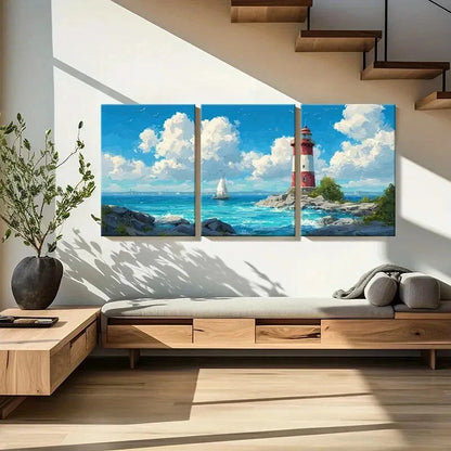 3pcs Lighthouse Sailboat Ocean Waves Blue Sky Metal Print Ready to Hang Art - Bella Home Decor