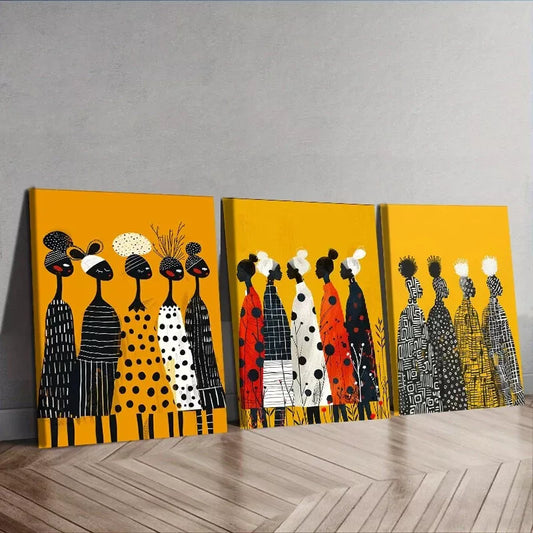 3pcs African women Group Yellow Background Wall Art Canvas Wall Art Set Canvas Framed 50x70cm - High Quality Print 100% Australian Made Wall Canvas Ready to Hang