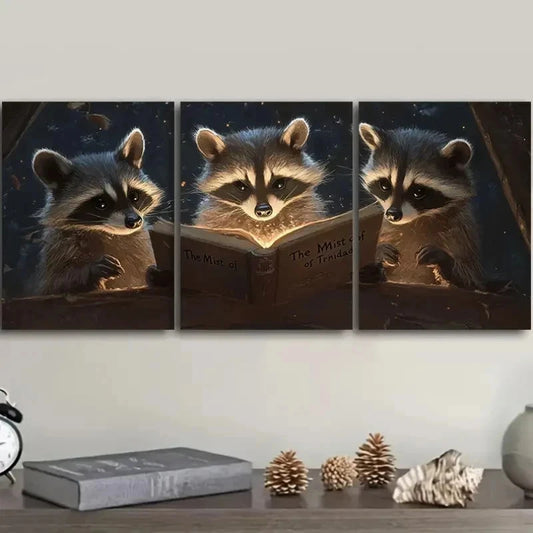 3pcs Raccoon Trio Reading Book Decor Wall Art Set Canvas Framed 40x60cm - High Quality Print 100% Australian Made Wall Canvas Ready to Hang