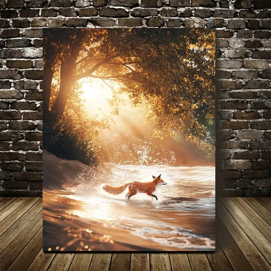 Enchanting Fox Splashing in Water Scene Painting 40x60cm Metal Print Ready to Hang - Bella Home Decor