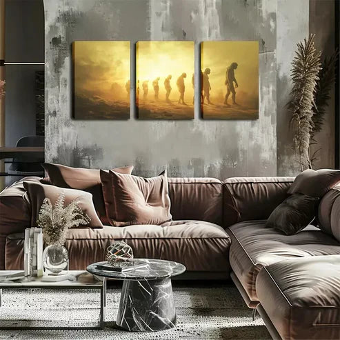 3pcs Human Evolution Theme, Warm Sunset Gradient Wall Art Canvas Unframed - High Quality Print 100% Australian Made Wall Canvas