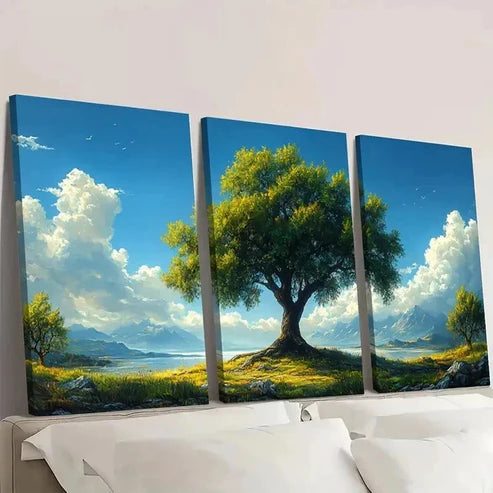3pcs Solitary Green Tree Blue Sky Mountains  Wall Art Canvas Unframed - High Quality Print 100% Australian Made Wall Canvas - Bella Home Decor