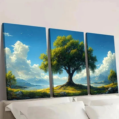 3pcs Solitary Green Tree Blue Sky Mountains  Wall Art Canvas Unframed - High Quality Print 100% Australian Made Wall Canvas - Bella Home Decor