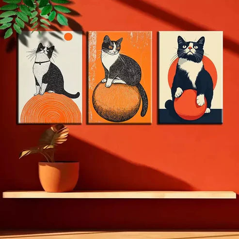 3pcs Cat and Ball Series Wall Art Canvas Unframed - High Quality Print 100% Australian Made Wall Canvas - Bella Home Decor