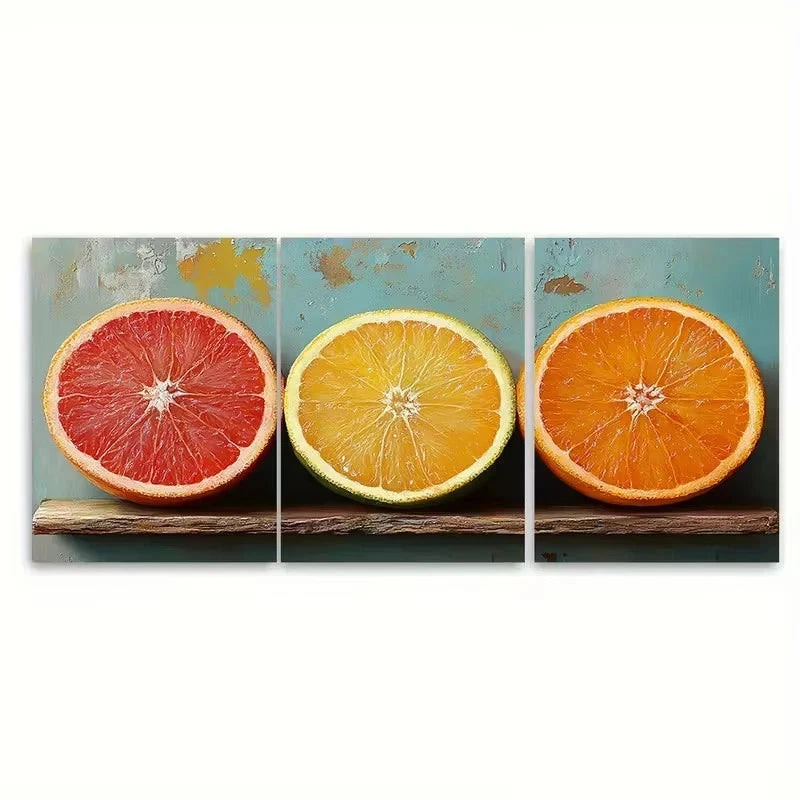 3pcs Vibrant Orange Teal Fruit Wall Art Set Canvas Framed 50x70cm – High Quality Print 100% Australian Made Wall Canvas Ready to Hang