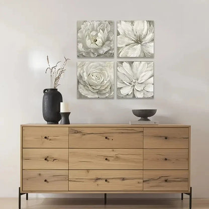 4pcs  Rainy Day White Flowers Oil Painting Picture Wall Art Canvas Framed