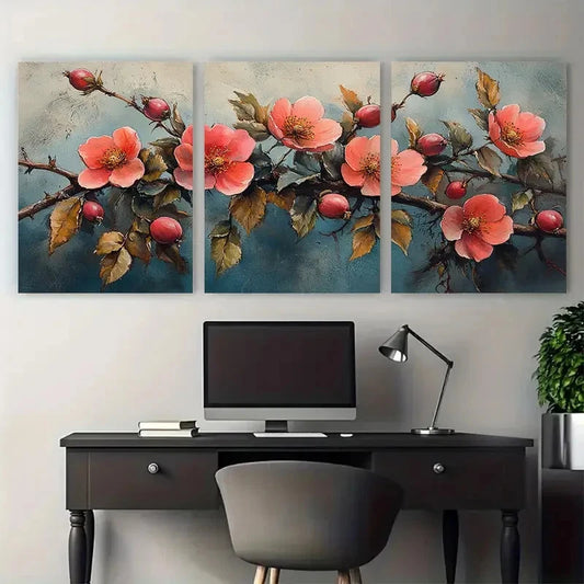 3pcs Rose Hip Watercolor Elegant Floral Metal Print Ready to Hang Art