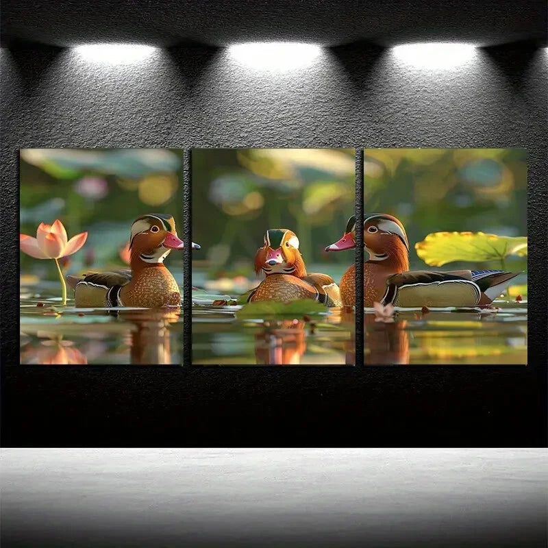 3pcs Mandarin Ducks Glide on The Water Surface Metal Print Ready to Hang Art - Bella Home Decor