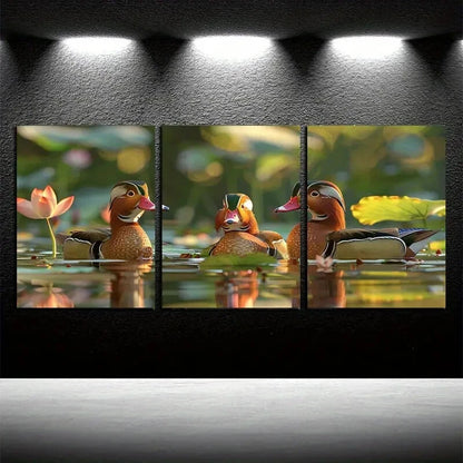 3pcs Mandarin Ducks Glide on The Water Surface Metal Print Ready to Hang Art - Bella Home Decor