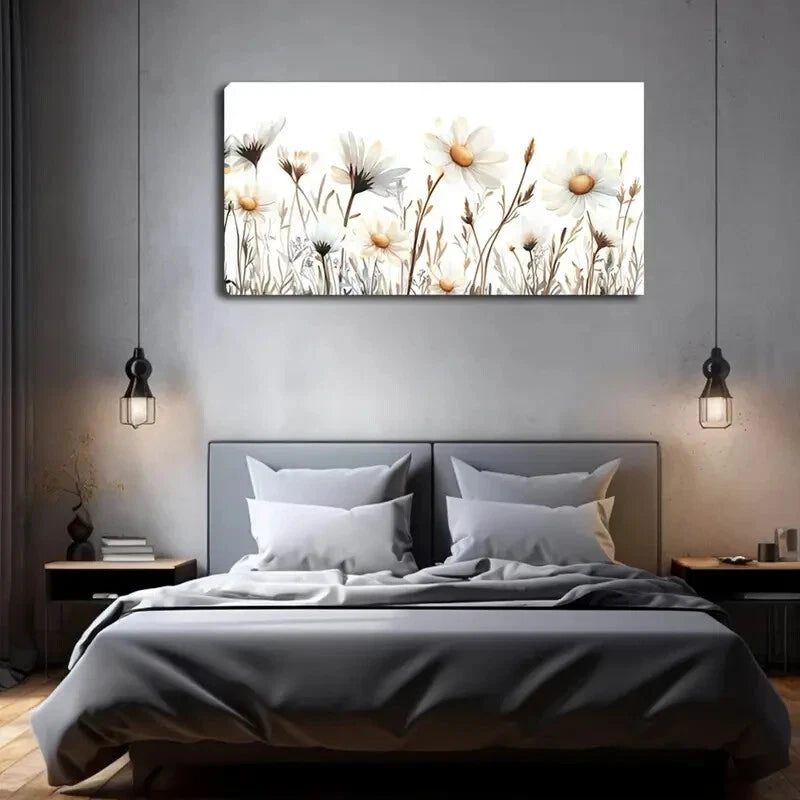 Vibrant White Daisies Flowers Wall Art Canvas Office Home Room Framed 120x60cm - Bella Home Decor